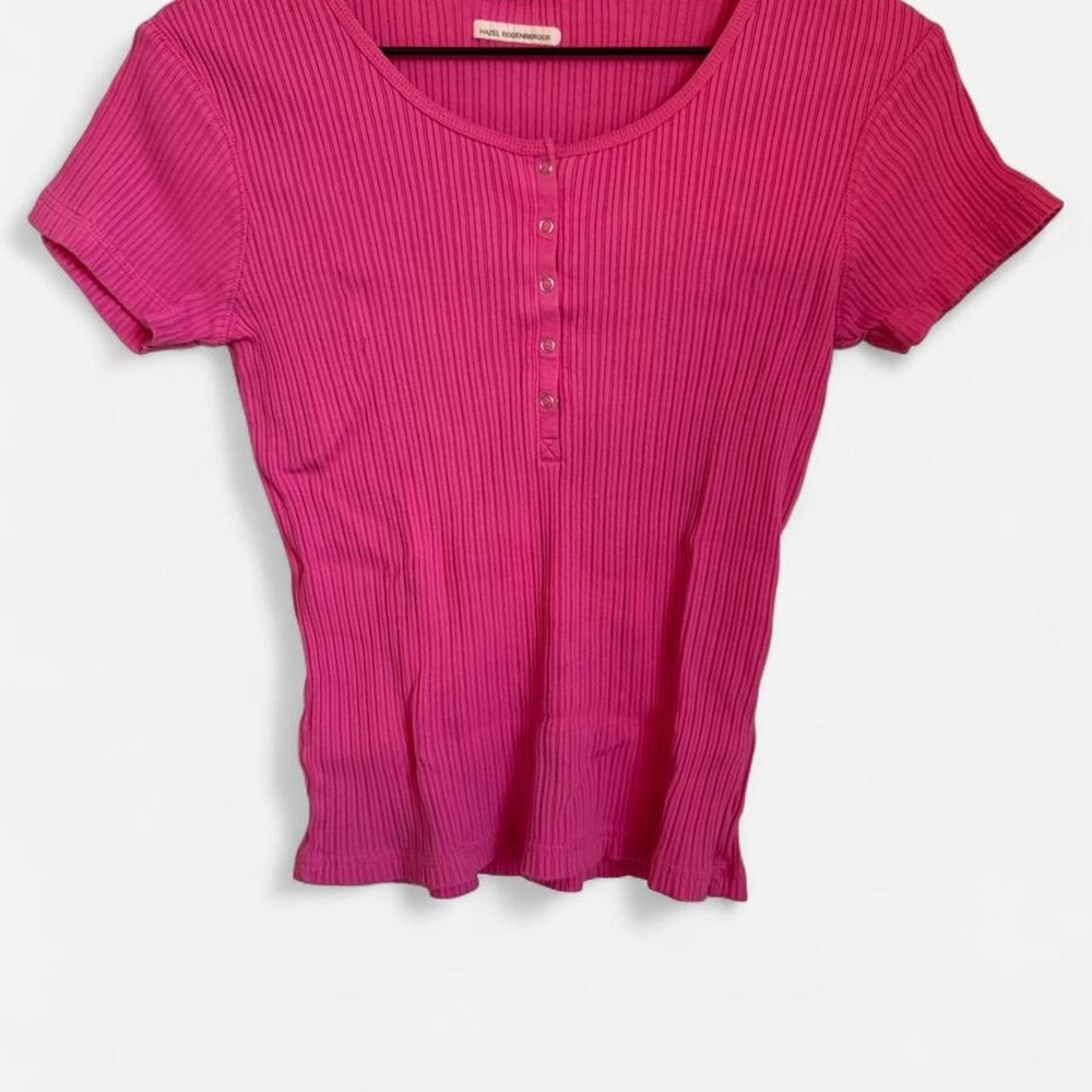 Hazel Eggenberger Hot Pink Ribbed Short Sleeve Henley Top Shirt Size S